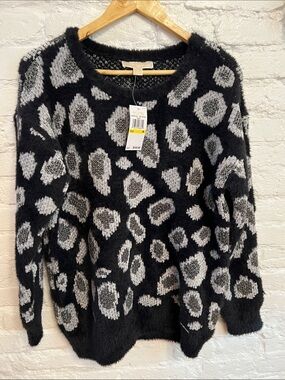 MICHAEL Michael Kors Black and Gray Leopard-Print Fuzzy Crewneck Sweater
